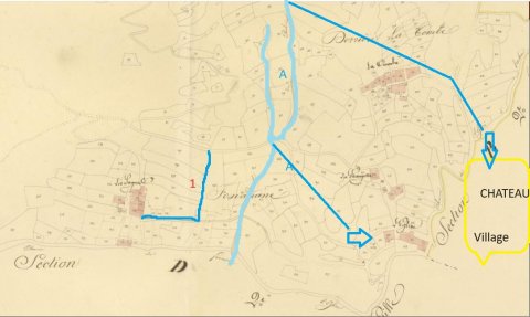 RÉOTIER SITE PRIMITIF (Cadastre Napoléonien 1833) : A : Le Rialet abondé par le canal du Serre et canaux vers le château et l’église. 1 : source et canal de Fouanane.
